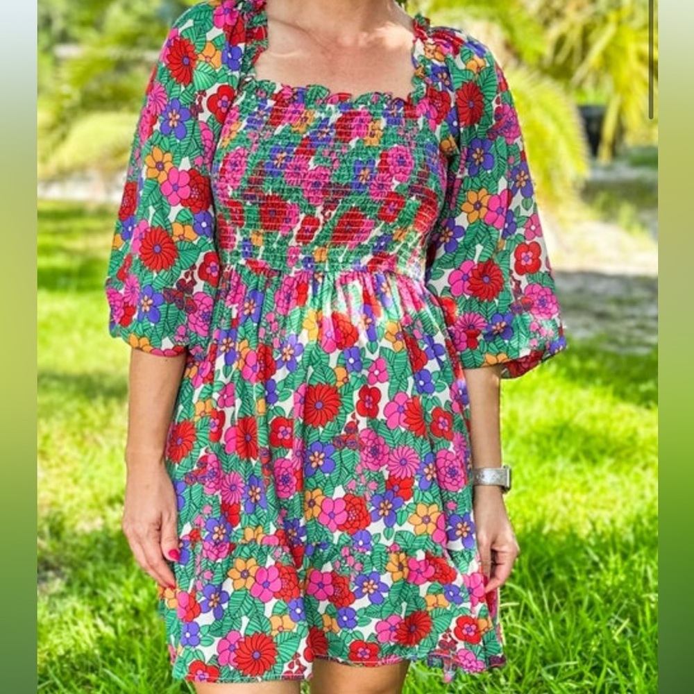 Entro Smocked Floral Mini Dress Size L